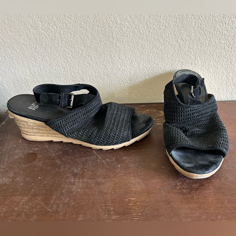 Eileen Fisher Women's Aura Slingback Espadrille Wedge Black Leather Twine Sz 9.5 - Picture 2 of 11
